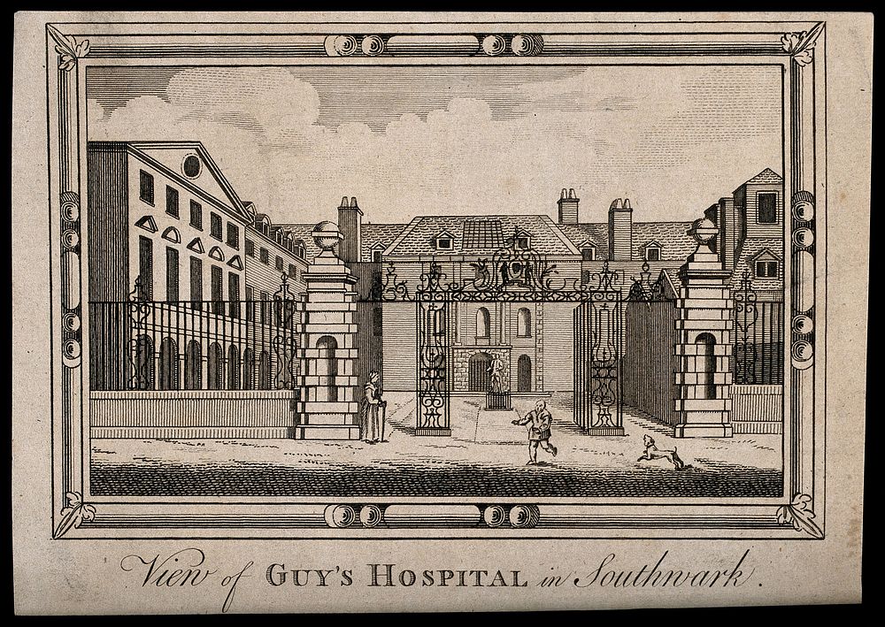 Guy's Hospital, Southwark: the entrance courtyard, with a man running and a dog barking. Engraving.