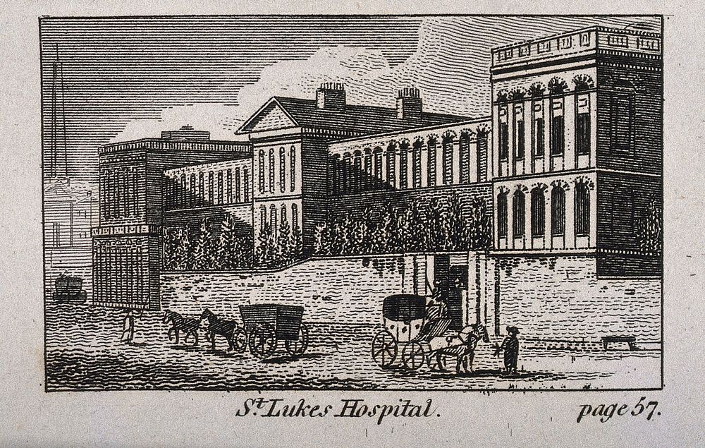 St Luke's Hospital, Cripplegate, London: the facade from the east. Engraving, 1818, after T. H. Shepherd, 1815.