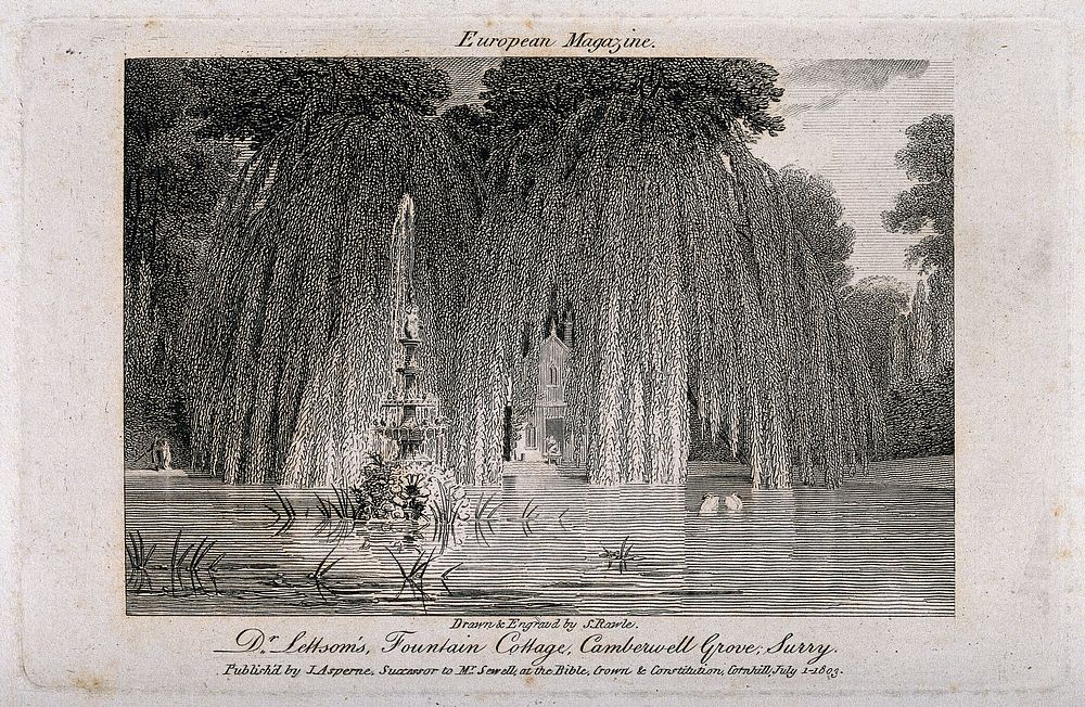 John Coakley Lettsom's fountain and cottage at Grove Hill, Camberwell, Surrey. Engraving by S. Rawle, after himself, 1803.