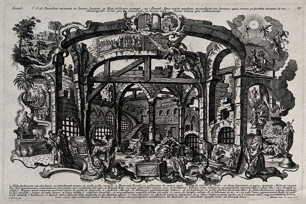 Daniel in the lions' den, and other scenes from the biblical book Daniel. Etching by J. and J. Klauber.
