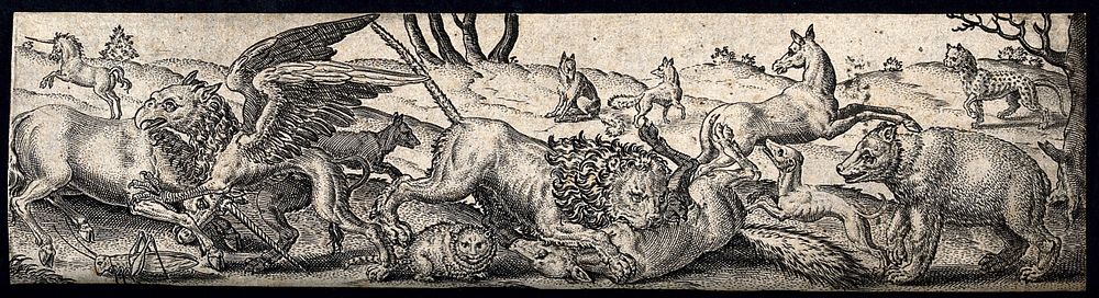 A fight among animals: a lion is killing a fox and a unicorn is fighting a griffon while other animals are fleeing or…