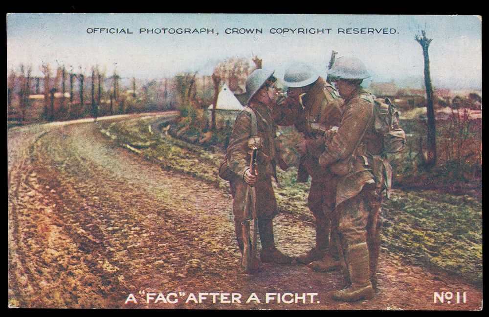 World War I: three soldiers, one lighting his cigarette from another's. Colour process print, 19--.