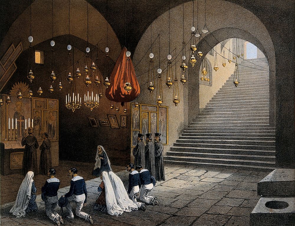 Tomb of the Virgin, Jerusalem. Chromolithograph by H. Clerget and J. Gaildrau after François Edmond Pâris, 1862.