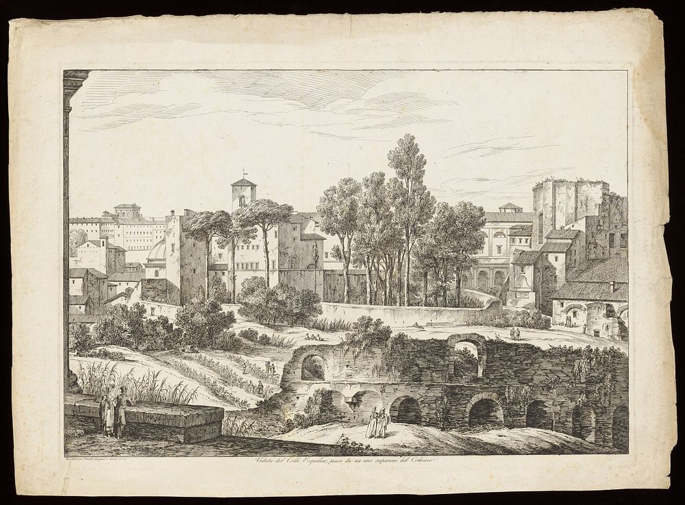 The Esquiline hill, Rome, seen from the Colosseum. Etching by B. Pinelli, 1825.