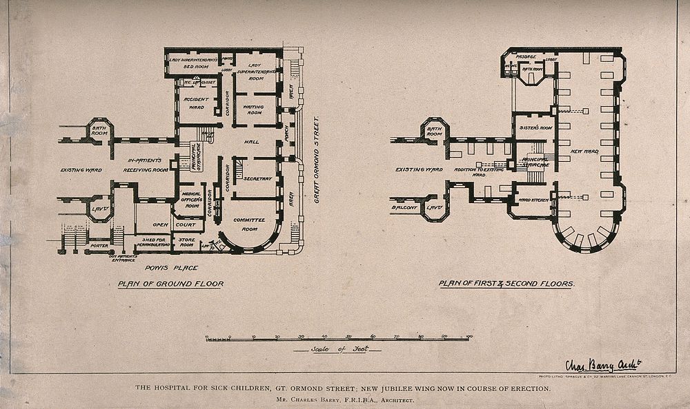 The Hospital for Sick Children, Great Ormond Street, London: plans of the ground and first floors of the Jubilee wing. Photo…