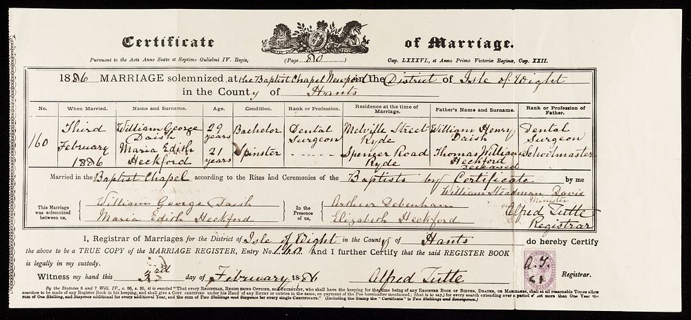 Certificate of marriage : pursuant to the acts Anno Sexto et Septimo Gulielmi IV Regis, Cap. LXXXVI., et Anno Primo…