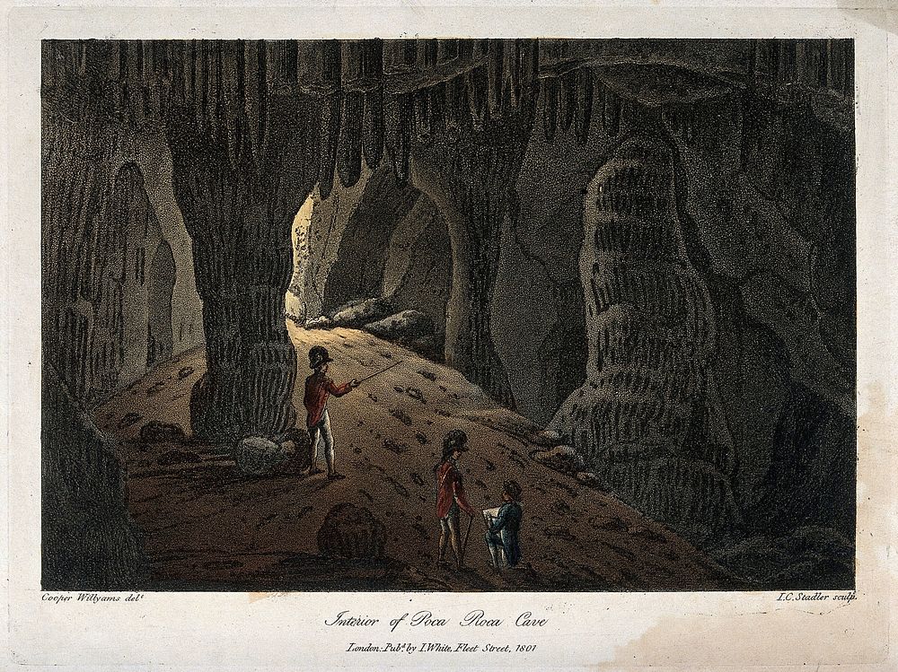 Geology: two soldiers being shown the interior of Poca Roca Cave. Coloured aquatint, 1801.