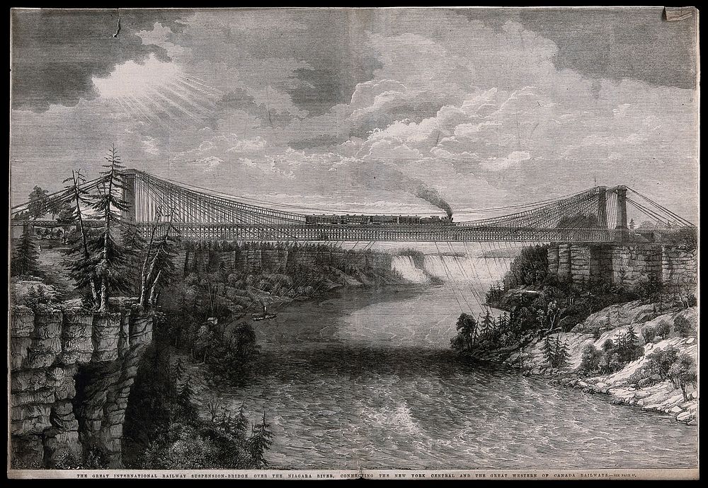 Niagara River: a steam train travelling on a bridge over the river between Canada and the USA. Wood engraving, 1862.