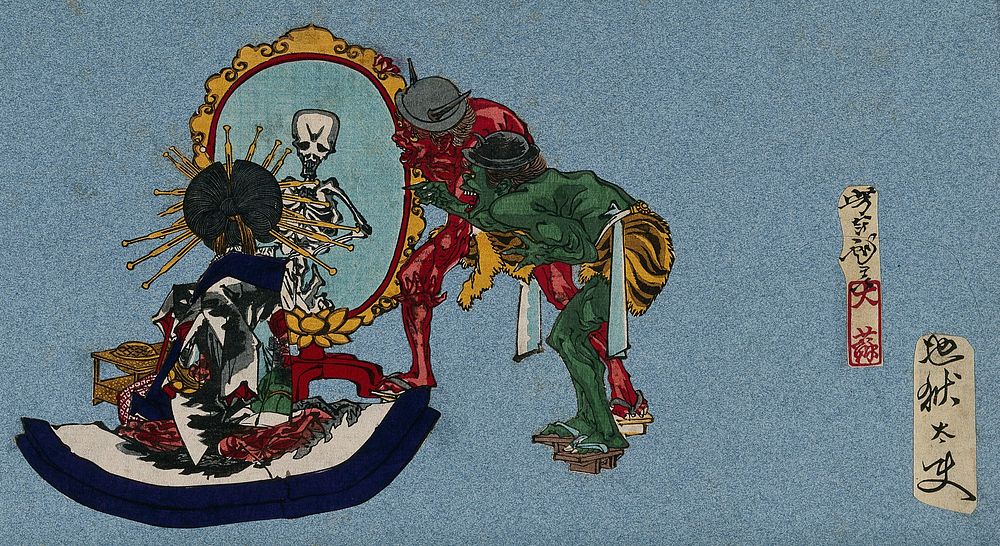 A courtesan sees herself reflected in the mirror as a skeleton: two demons look on. Colour woodcut by Yoshitoshi, 1870s.
