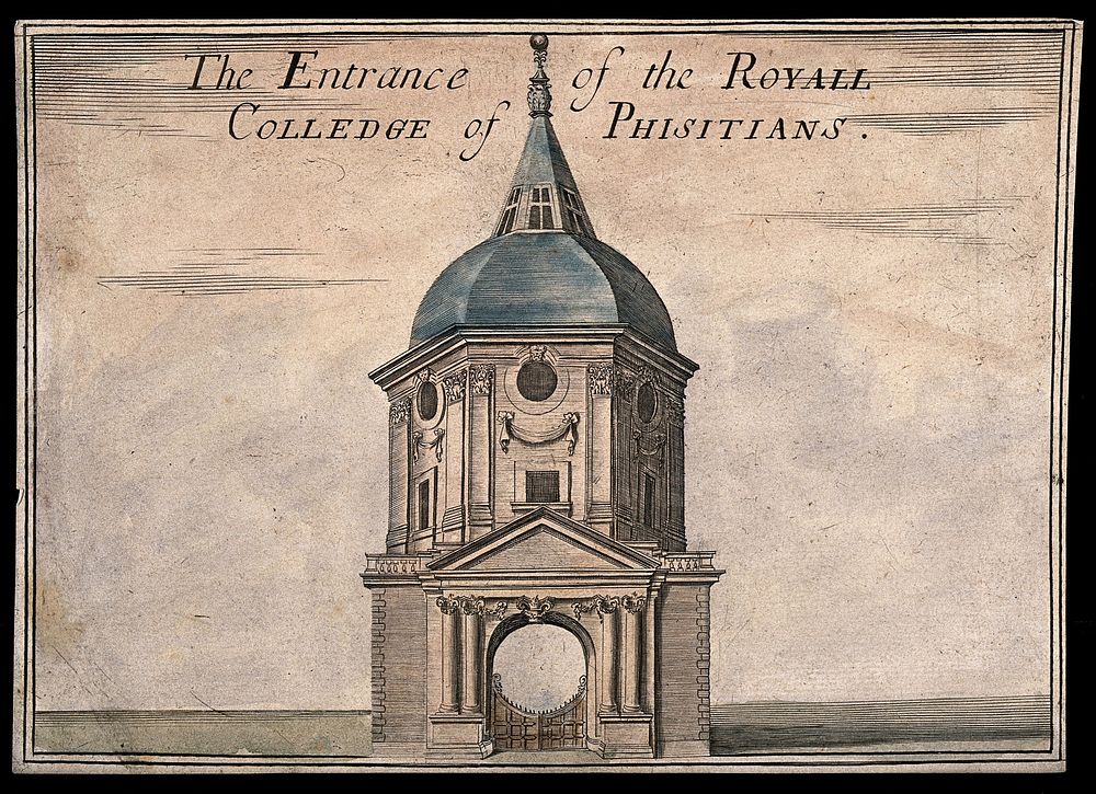 Royal College of Physicians, Warwick Lane, London. Coloured engraving, 1709.
