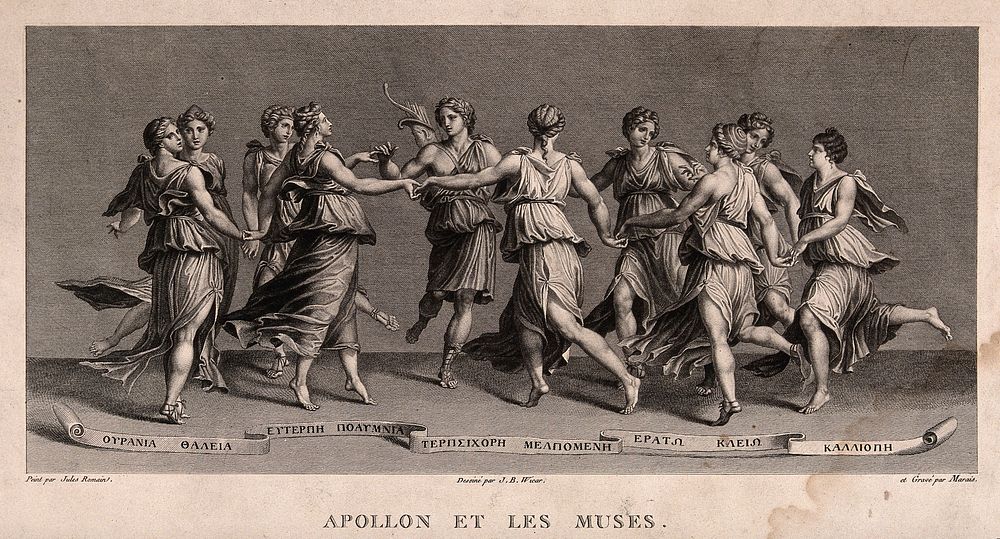 Apollo and the muses. Engraving by Marais after G.B. Wicar after Giulio Romano.