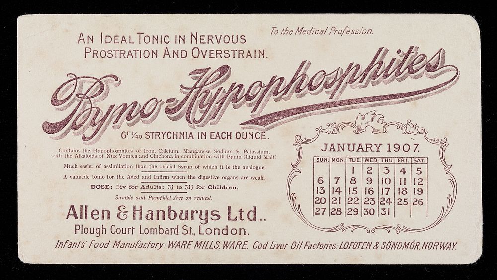 Byno-Hypophosphites : an ideal tonic in nervous prostration and overstrain : January 1907.