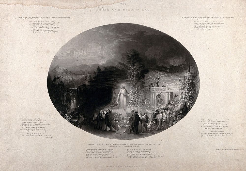 The sermon on the mount, the parable of the narrow and the broad way. Aquatint by G. Sanders after himself.