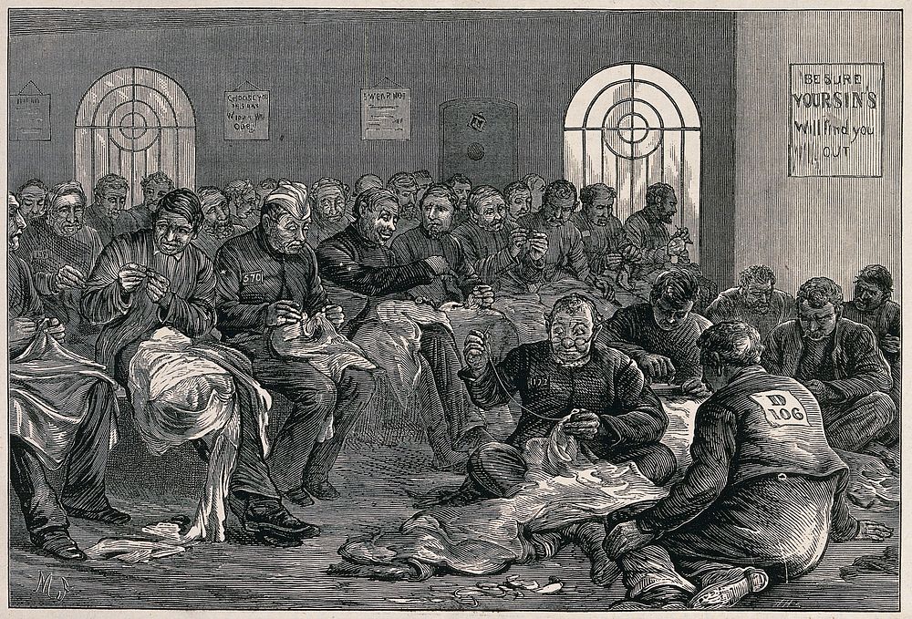 Middlesex House of Correction: prisoners are sitting in a room sewing large pieces of cloth. Wood engraving by H.H. after M.…