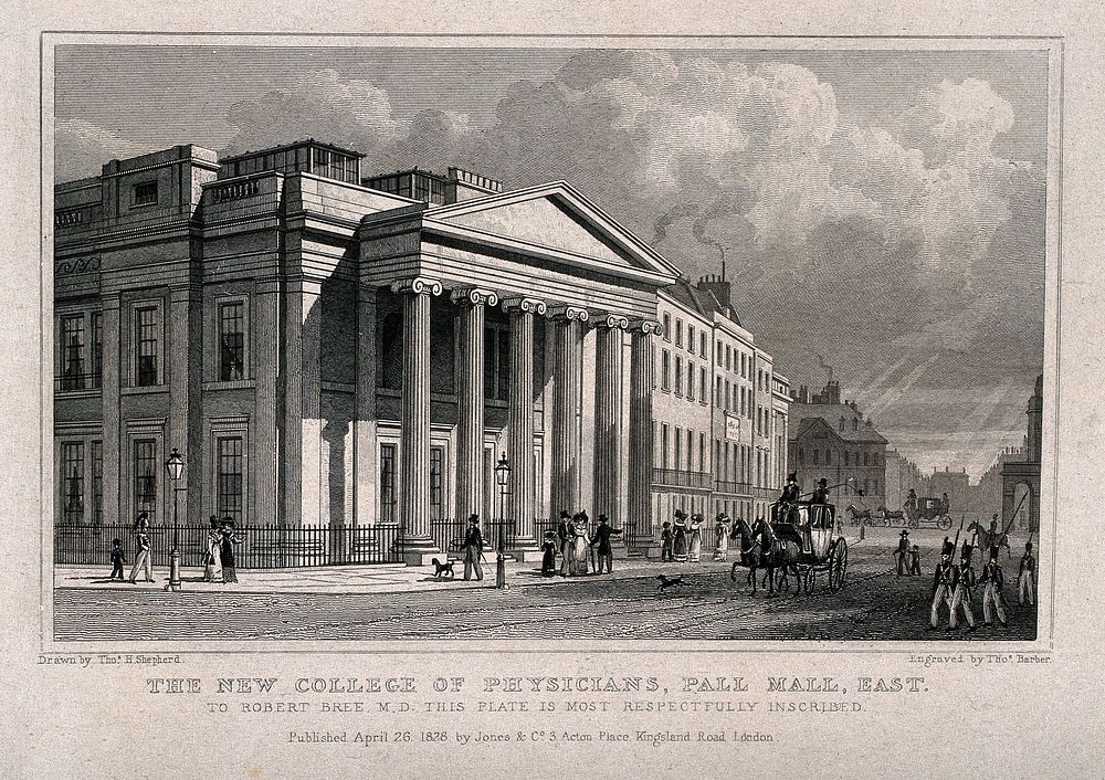 The Royal College of Physicians, Trafalgar Square: the elevation. Engraving by T. Barber, 1828, after T. H. Shepherd.