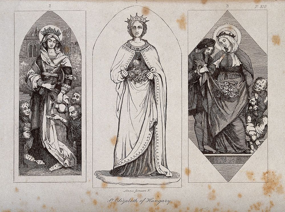 Saint Elizabeth of Hungary: three figures. Etching by A. Jameson.