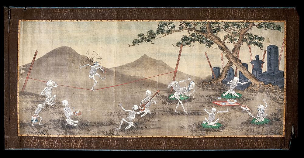 Skeletons on a tightrope. Gouache painting by a Japanese  painter.