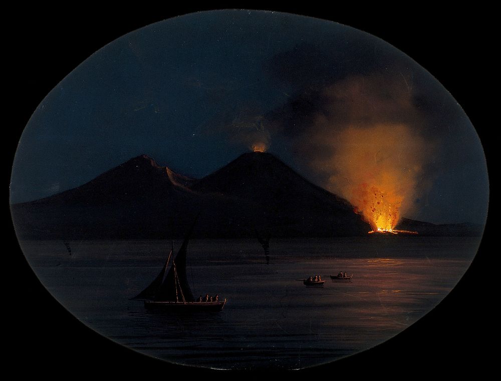 Mount Vesuvius at night, showing an eruption of smoke fire and lava at its base, with boats on the Bay of Naples in the…