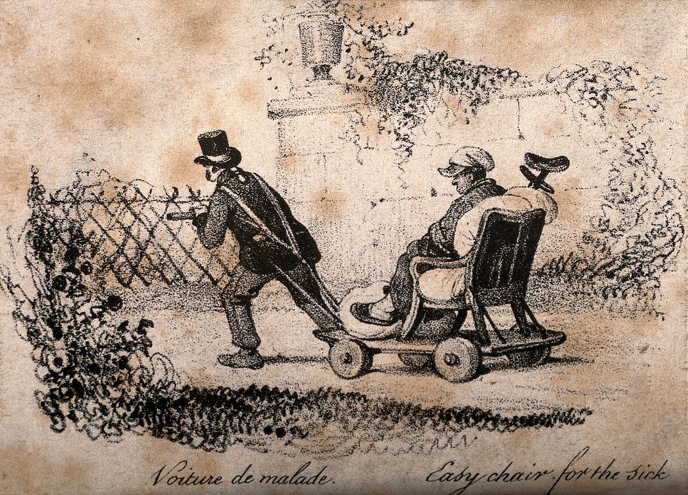 An invalid being drawn through a garden in an early wheelchair, called the 'voiture de malade'. Lithograph, 1830/1860.