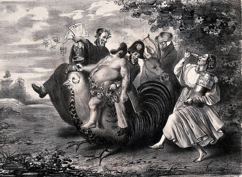 Two men, one in a three-cornered hat are riding on the back of a giant cockerel, a woman carrying a large jar and goblet is…