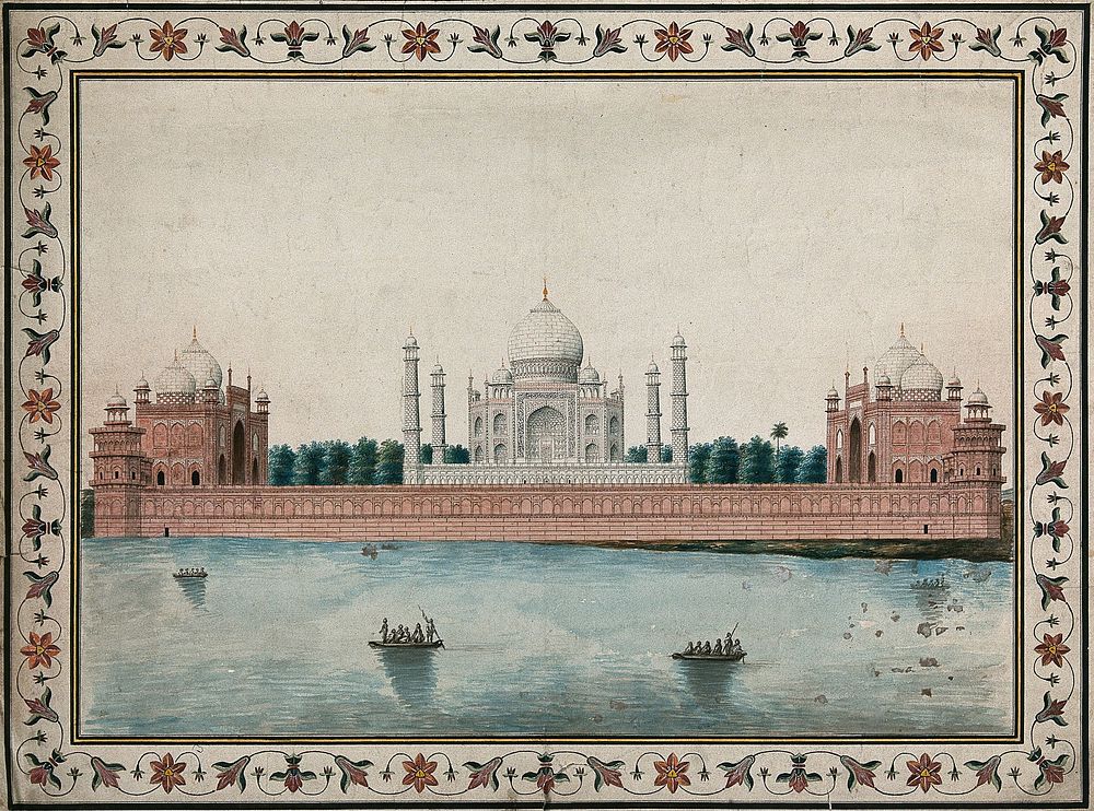 Agra: Taj Mahal, view from the back. Gouache painting by an Indian painter.