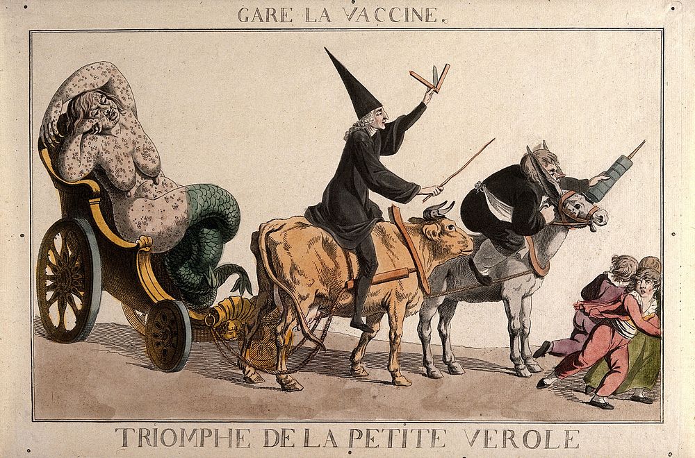 A diseased woman turning into a mermaid, a physician riding a cow and an apothecary wielding a syringe form a grotesque…