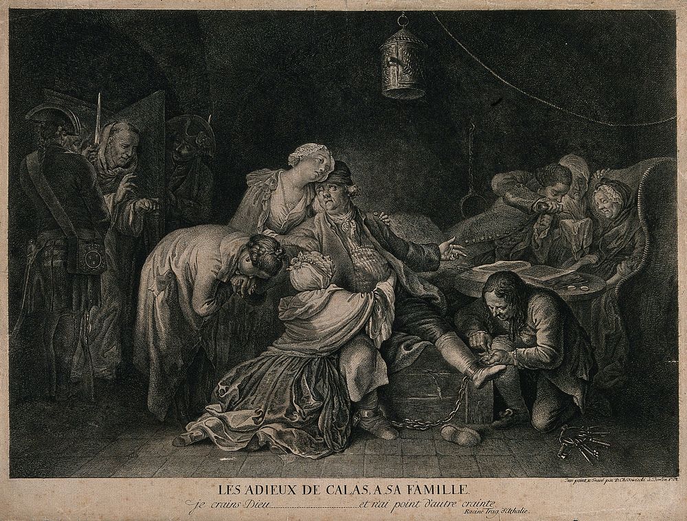 The family of Jean Calas say goodbye to him as he is taken from prison to be executed. Engraving by D. Chodowiecki after…
