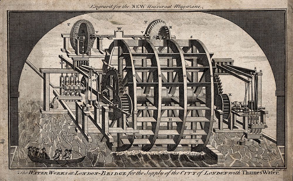 Water-wheel at London Bridge, for supplying water from the Thames to the City of London. Engraving by B. Cole.