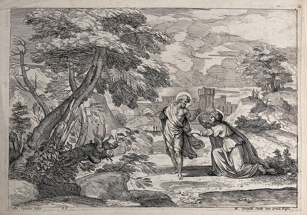 The risen Christ asks Mary Magdalene not to touch him. Etching by M. Corneille after Annibale Carracci.