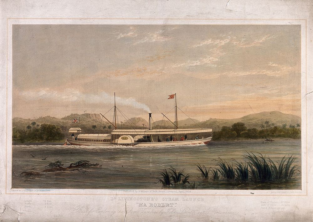 Ma Robert, D. Livingstone's steam boat on which he explored the River Zambezi. Lithograph by T. Picken after S. Walters…