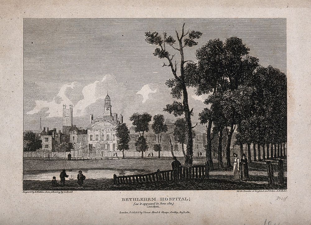 The Hospital of Bethlem [Bedlam] at Moorfields, London: seen from the north, children playing with a boat on a pond in the…