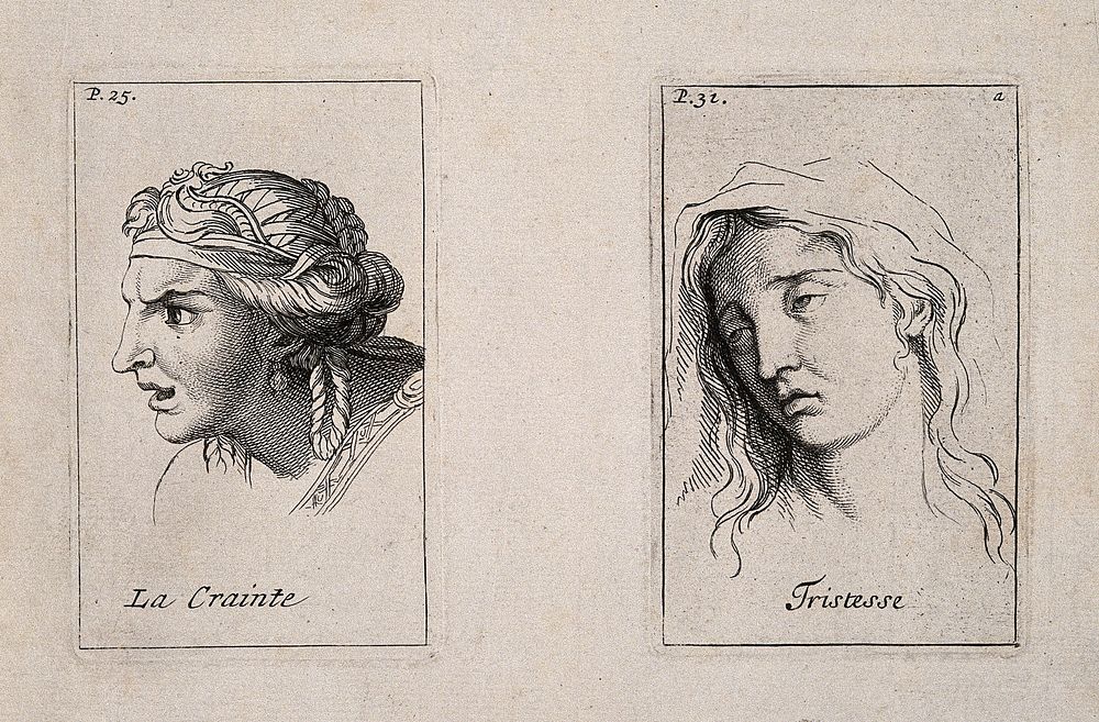 Two faces representing fear and sadness, left and right respectively. Etching by B. Picart, 1713, after C. Le Brun.
