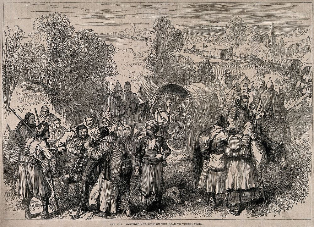 Russo-Turkish War: wounded and sick being taken to Cernavodă, Romania. Wood engraving, 1877.