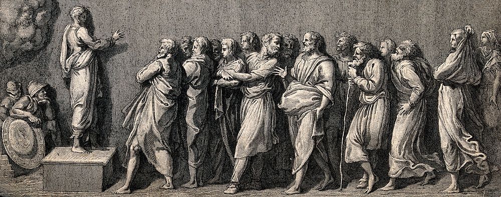 A man preaching to a crowd. Engraving after Raphael.