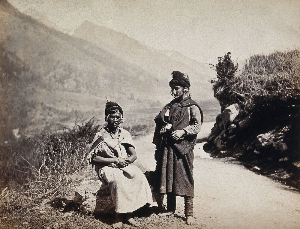 Kulu, Himachal Pradesh: two women wearing large nose rings. Photograph, 18--.