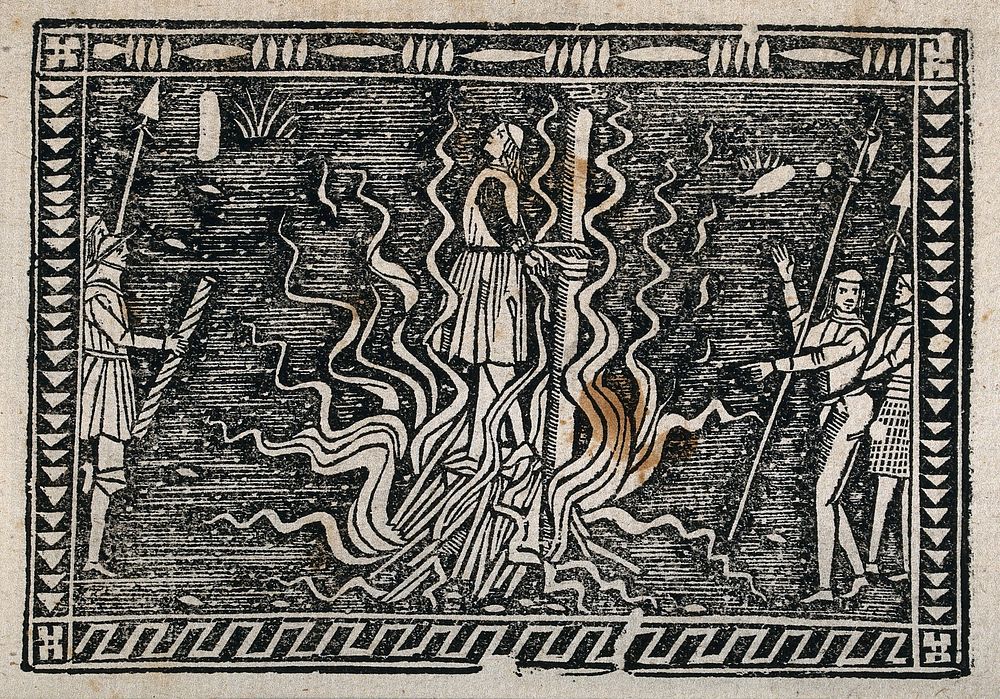 Martyrdom of Saint Joan of Arc : burning at the stake. Woodcut.