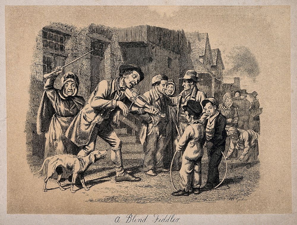 A blind fiddler plays to a mixed age audience, among them a dog which is about to be beaten for howling. Etching by W.…