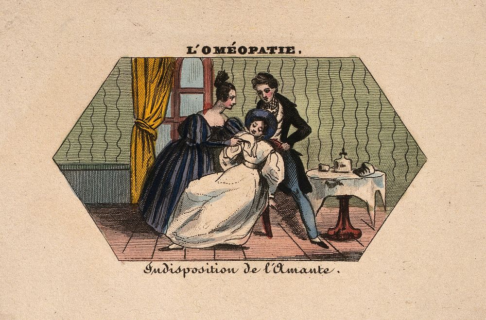 A young woman being attended by a (homoeopathic) physician. Coloured photolithograph.