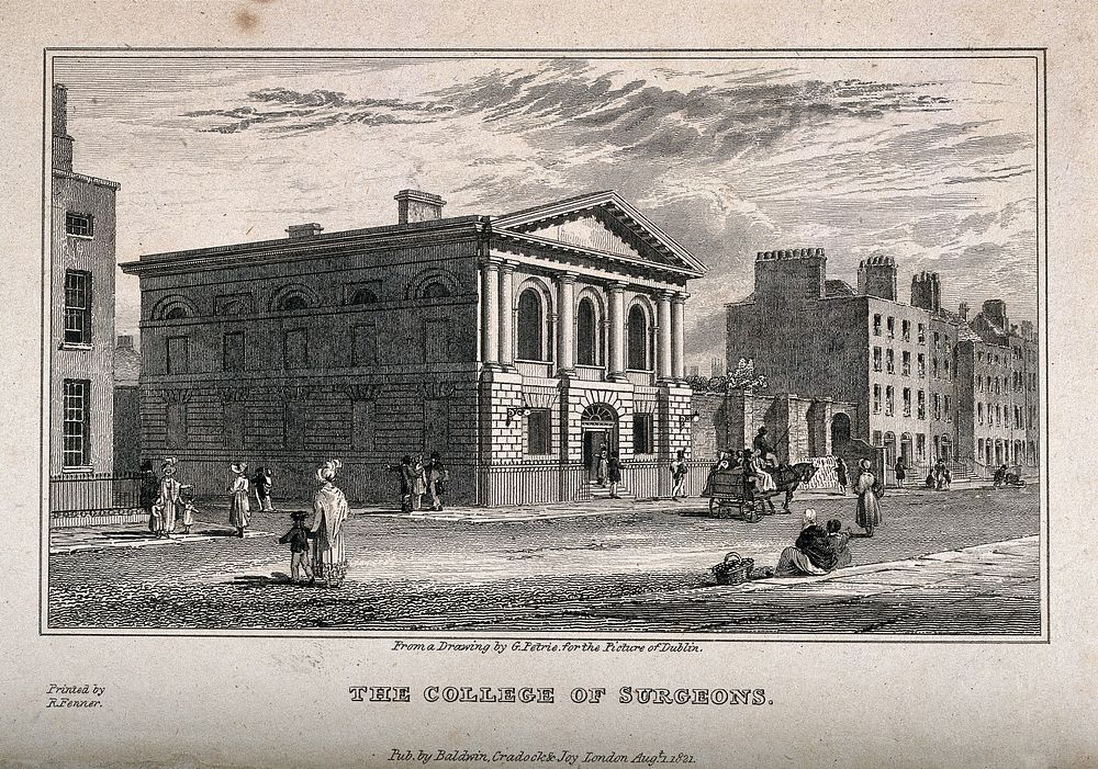 The street outside the College of Surgeons, Dublin, Ireland. Steel engraving, 1821, after G. Petrie.