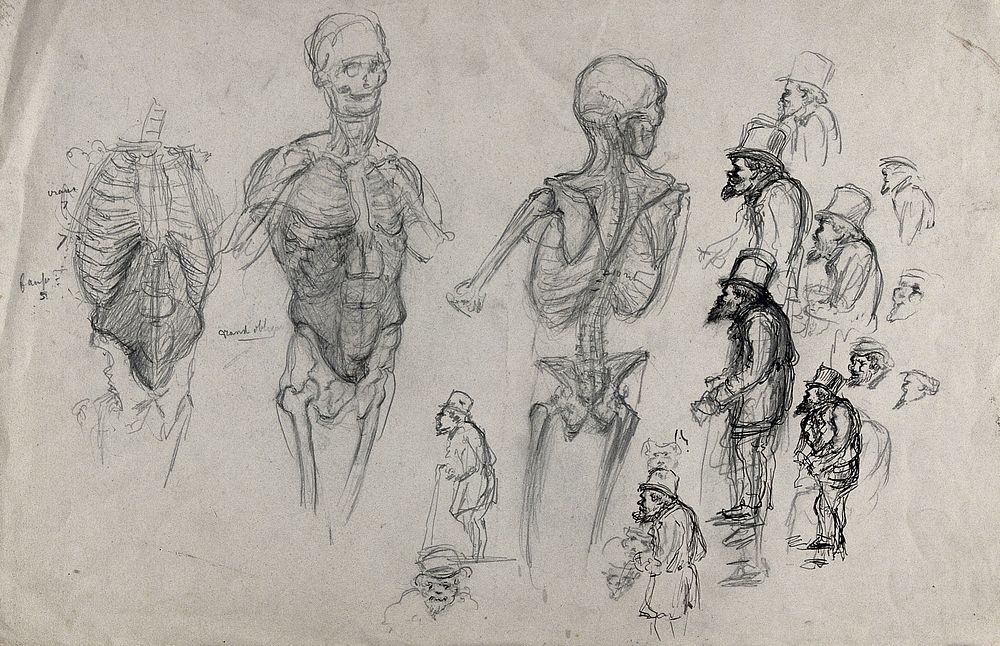 A skeleton seen in three views and sixteen sketches of a bearded old man with top hat. Pencil drawing.