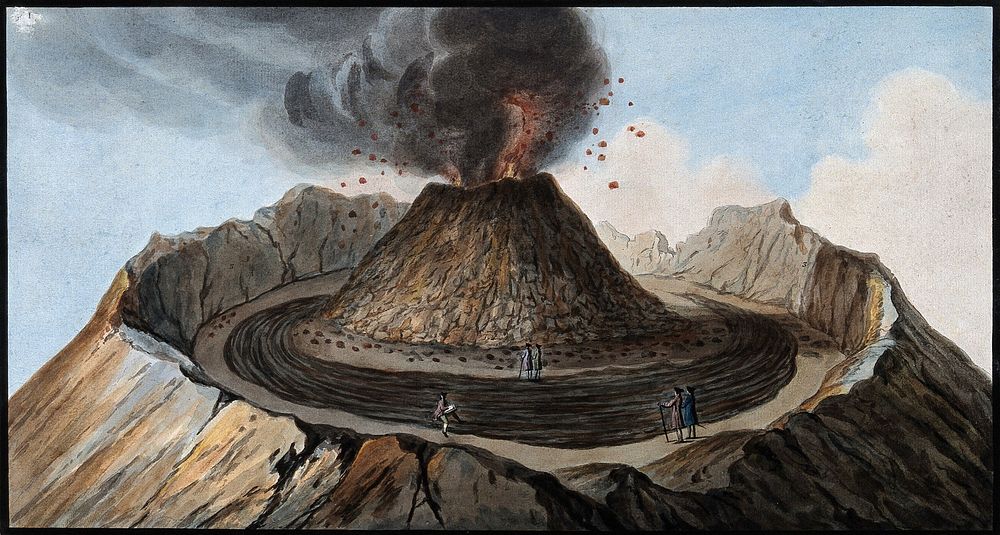 Mount Vesuvius: interior of the crater showing the little mountain inside it, with spectators. Coloured etching by Pietro…