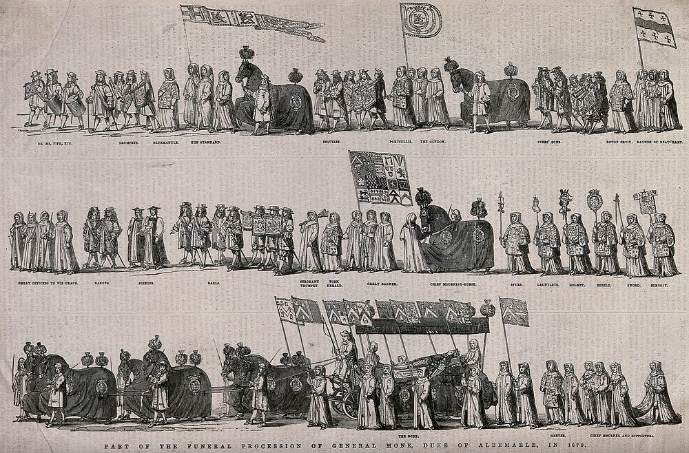 Part of the funeral procession of General Monk, Duke of Albemarle, in 1670. Wood engraving.