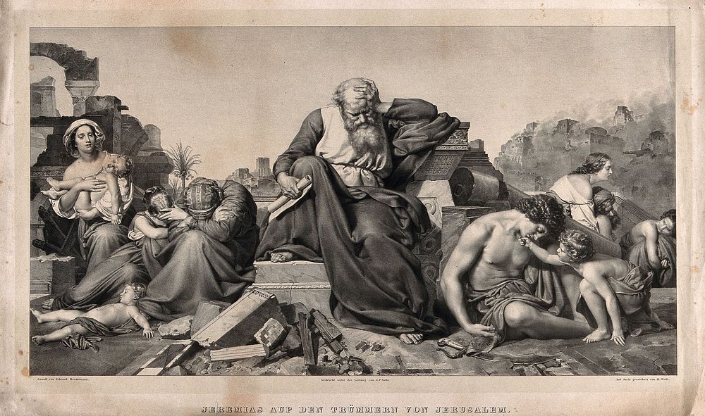 Jeremiah sits amidst the rubble of Jerusalem, after its siege and destruction in 586 B.C. Lithograph by B. Weiss after…
