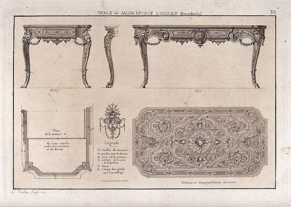 Cabinet-making: designs for a bureau. Etching by J. Verchère after himself.