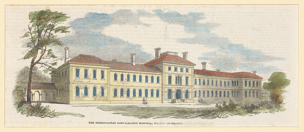 Metropolitan Convalescent Hospital, Walton-on-Thames. Coloured wood engraving, 1854, after J. Clarke.