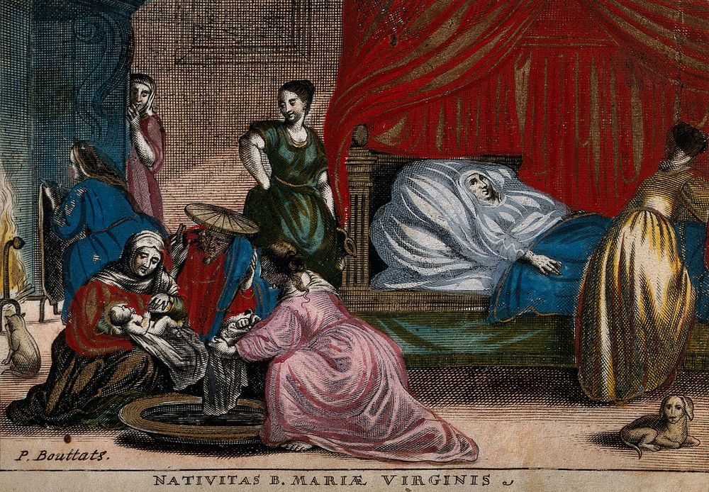 The newly born Virgin Mary is washed by maids; her mother lies in white on the bed. Coloured engraving by P. Bouttats.