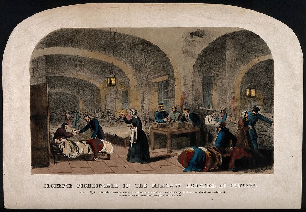 Crimean War: Florence Nightingale checking on her patients and administrating medicine at Scutari Hospital. Coloured…