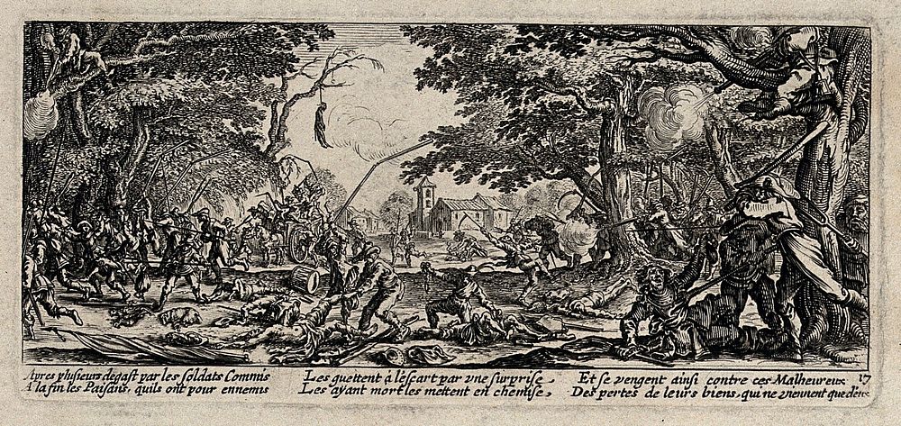 Peasants avenging themselves by attacking soldiers from woods next to a country road. Etching after Jacques Callot, ca. 1633.