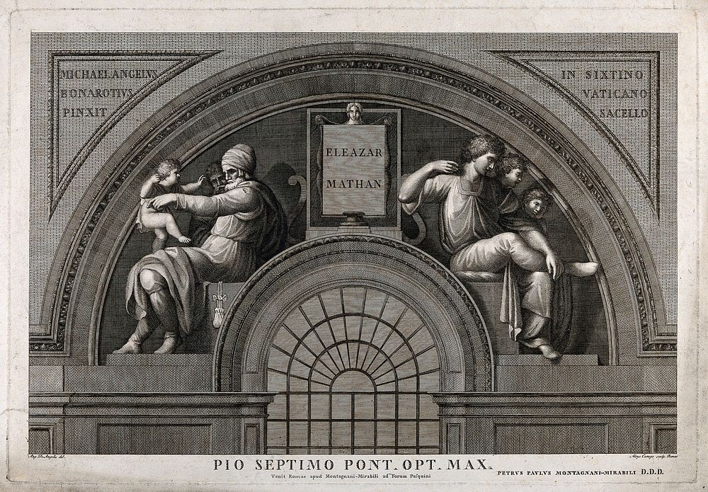 Eleazar and Matthan in a half roundel. Engraving by A. Cunego after A. de Angelis after Michelangelo.