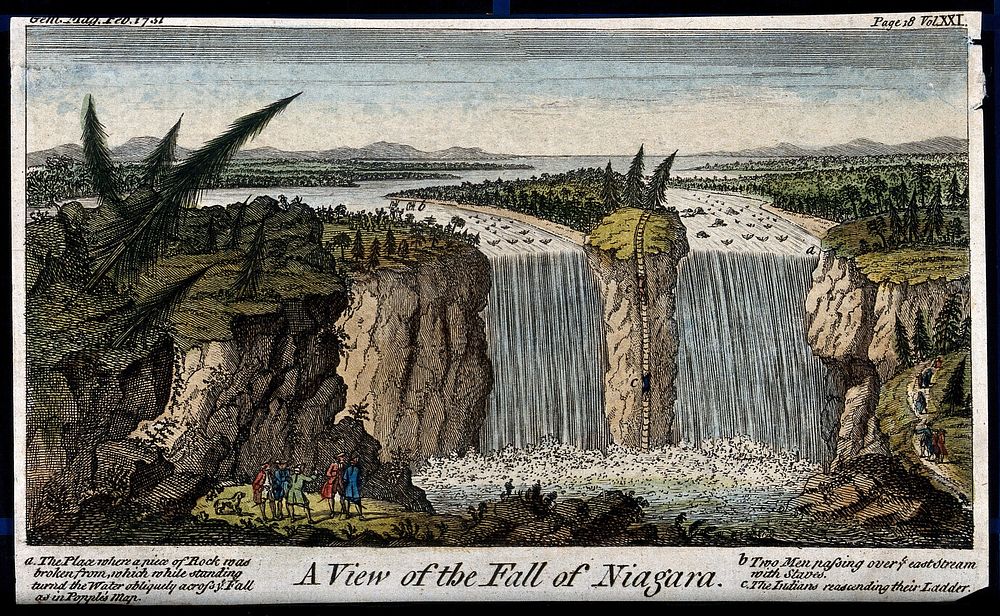 Geography: Niagara Falls, seen from a distance. Coloured engraving, 1751.